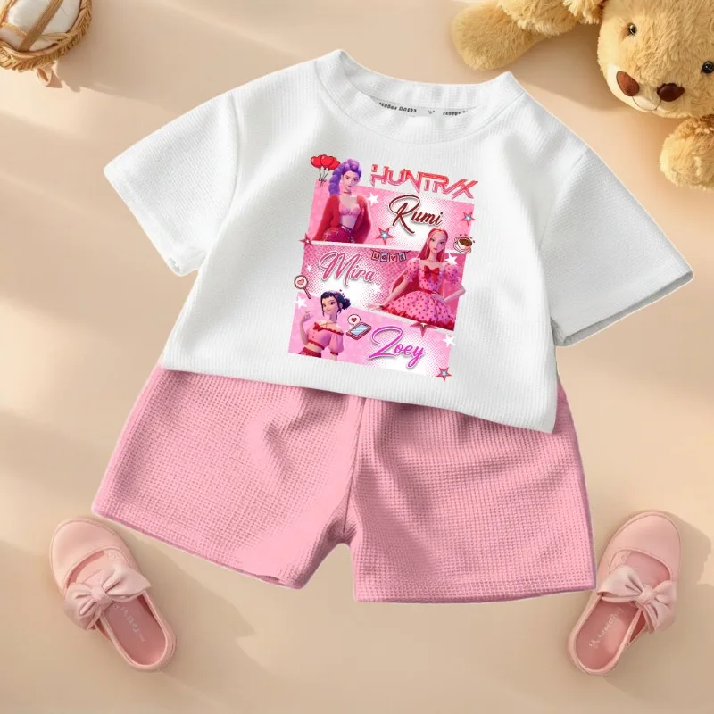 Summer Girls Casual T Shirt Sets K POP Cartoon Printed Kids Fashion Outfits Teen Children's O Neck Short Sleeve Tops Shorts 2pcs