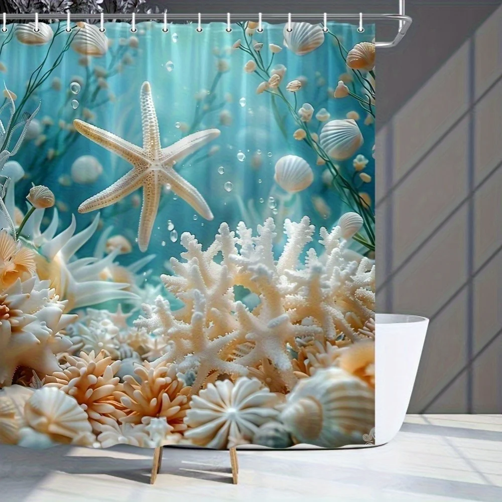 1pc Starfish & Coral Reef Print Shower Curtain - Vibrant Underwater World Design, All-Season Use, Ocean Theme Decor