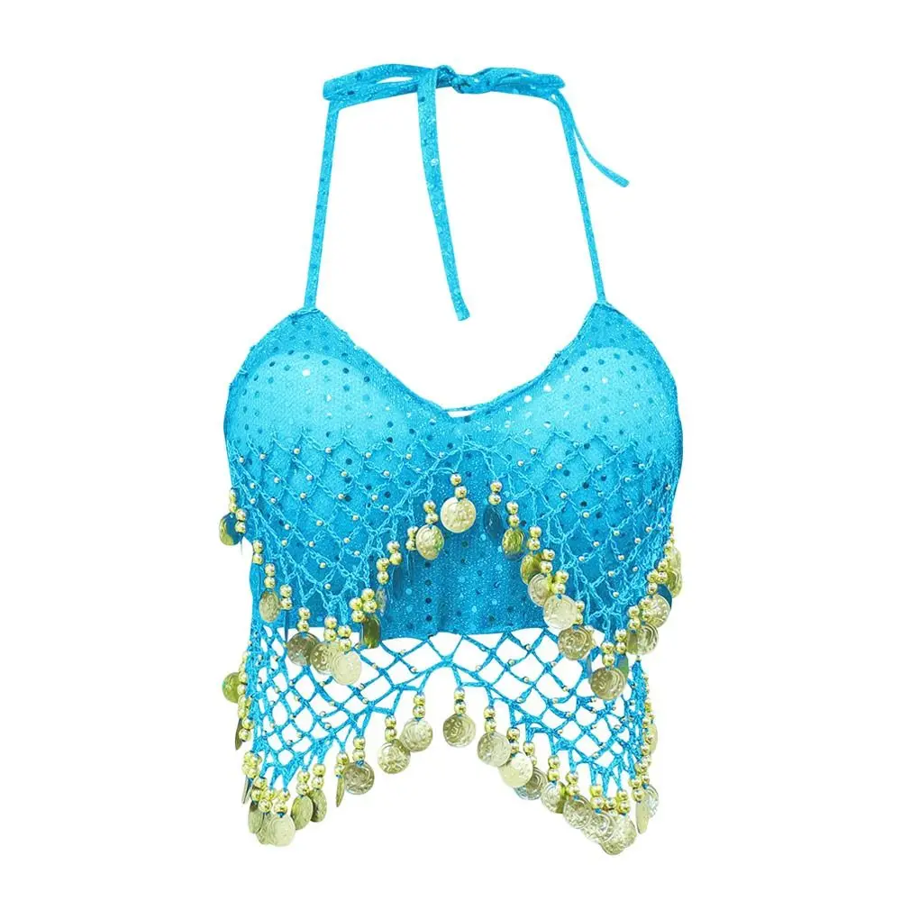 الساحرة لامعة الرقص الشرقي الصدرية الرسن الرقبة شرابة مرحلة الأداء أعلى ملابس الرقص بلا أكمام تظهر ازياء النساء