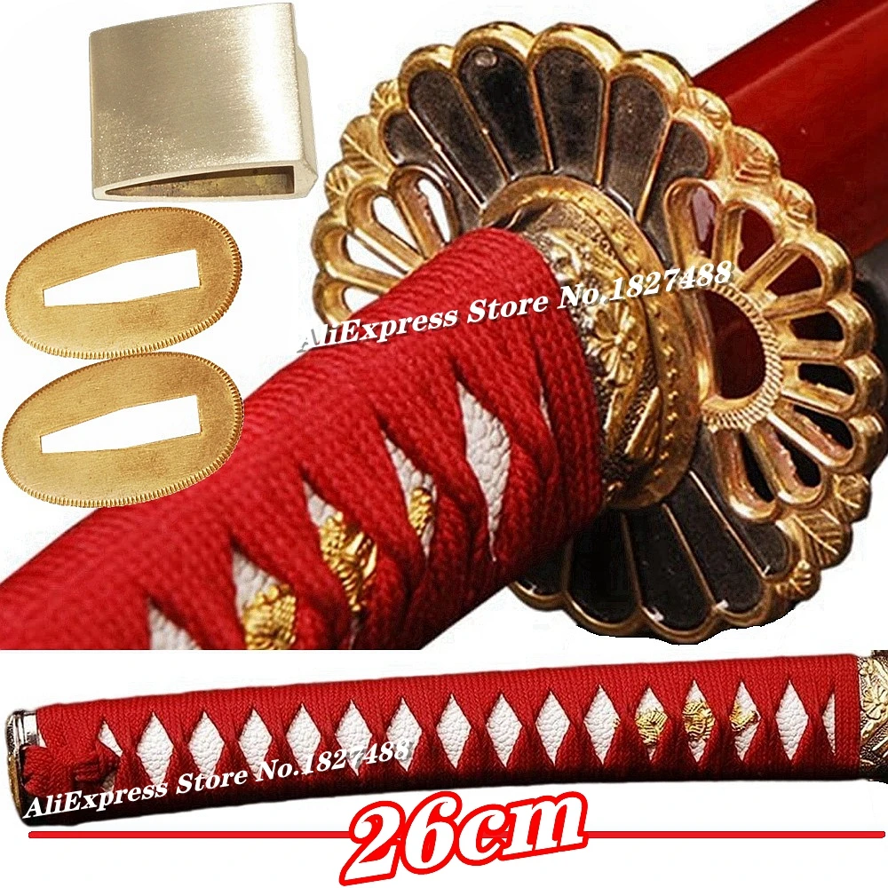 Japonês Crisântemo Espada Guarda Mão, Katana Vermelho Ito Tsuka Conjunto de Acessórios, Tsuba Menuki Fuchi Kashira Punho Habaki e Seppa