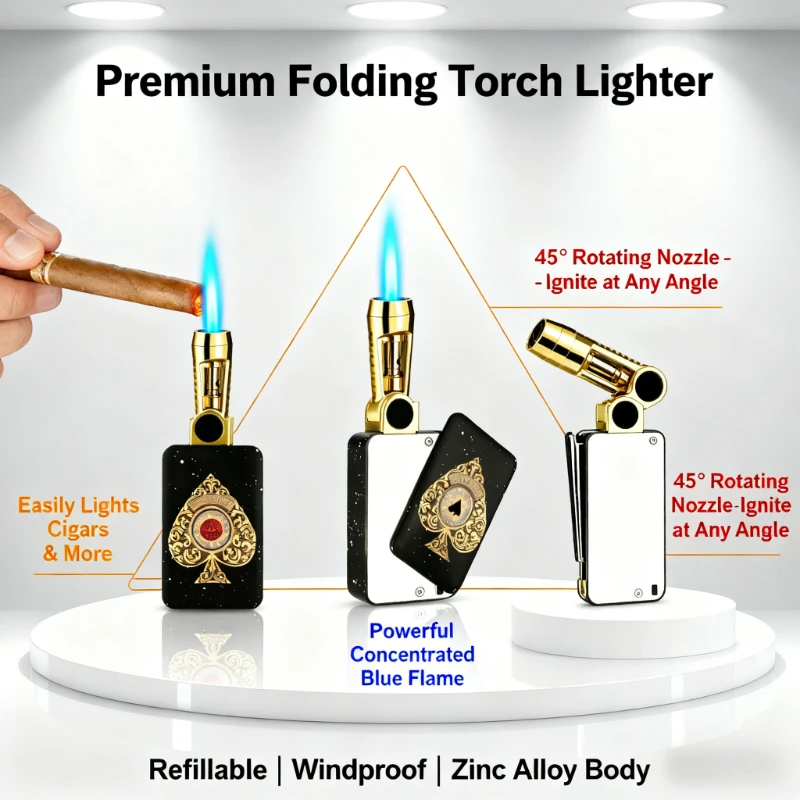 Metal Folding Poker Torch Lighter - Windproof Direct Blue Flame, Multi-functional Portable Gas Ignition Tool for Smoking & Play