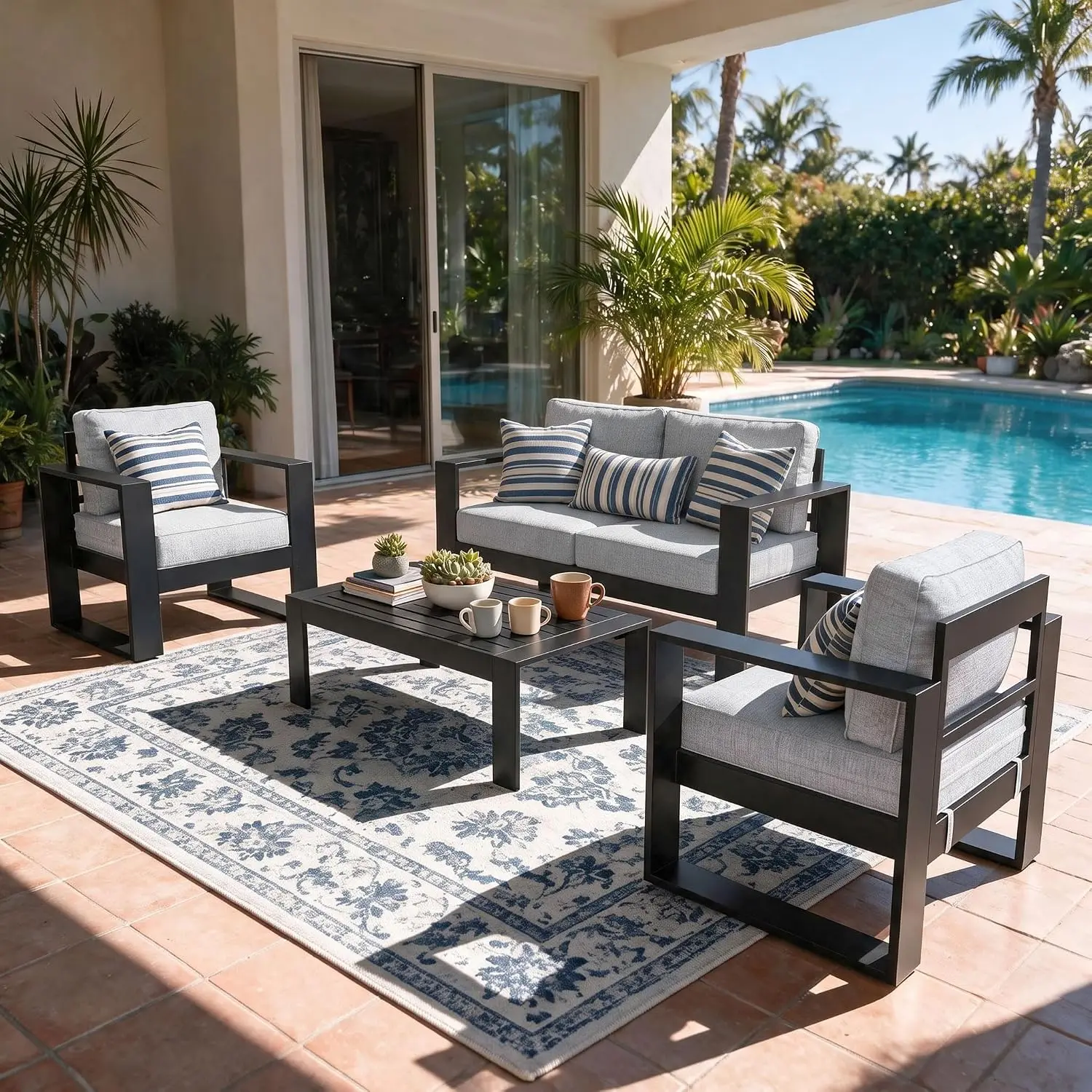 Aluminum Patio Furniture Sofa Set with Coffee Table & Washable Cushions for Porch Backyard Deck, Customized