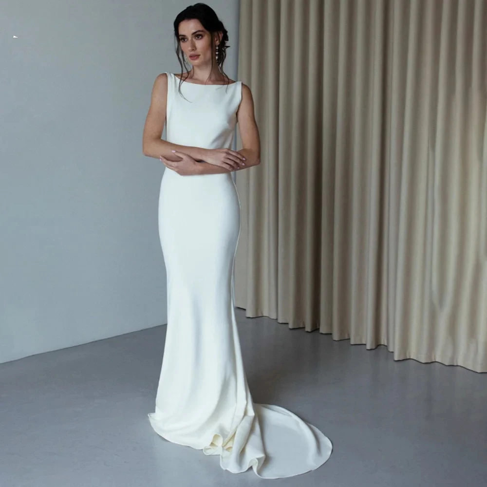 Robe de Mariée Sirène Simple en Crêpe et Fibre, Tenue de Plage Ouverte, Dos aux, Boutonnée, Mesure Personnalisée, Superbe, 2023