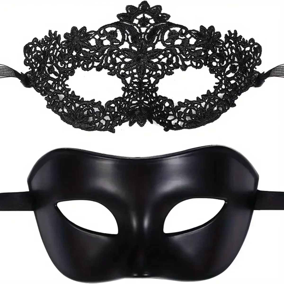 2pcs Elegant Black Lace Masquerade Mask Set for Couples - Perfect for Venetian Party, Mardi Gras, and Halloween Celebrations - view 2