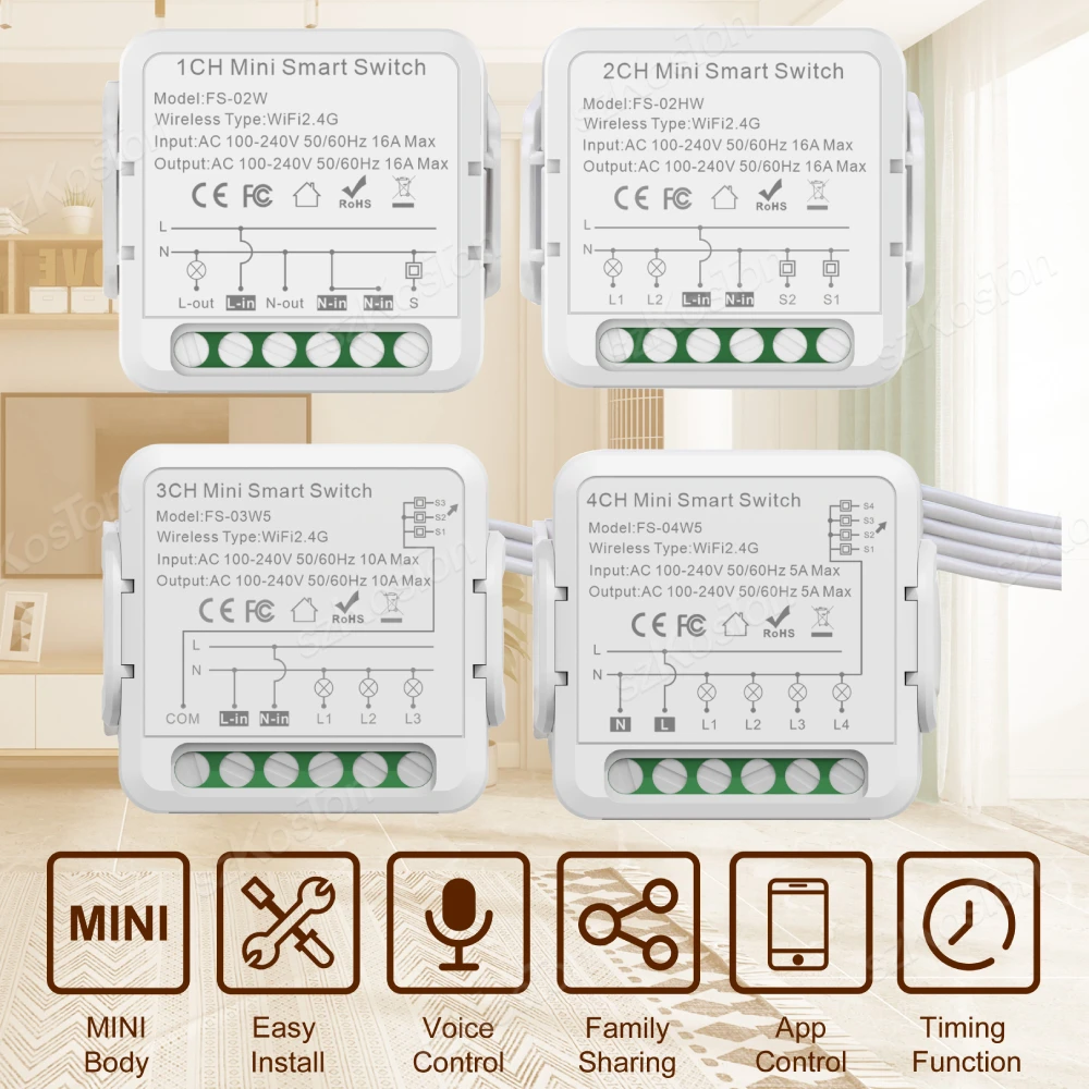 Módulo de interruptor inteligente con Wifi para el hogar, dispositivo de 1, 2, 3 y 4 entradas, compatible con Control de Voz bidireccional, funciona