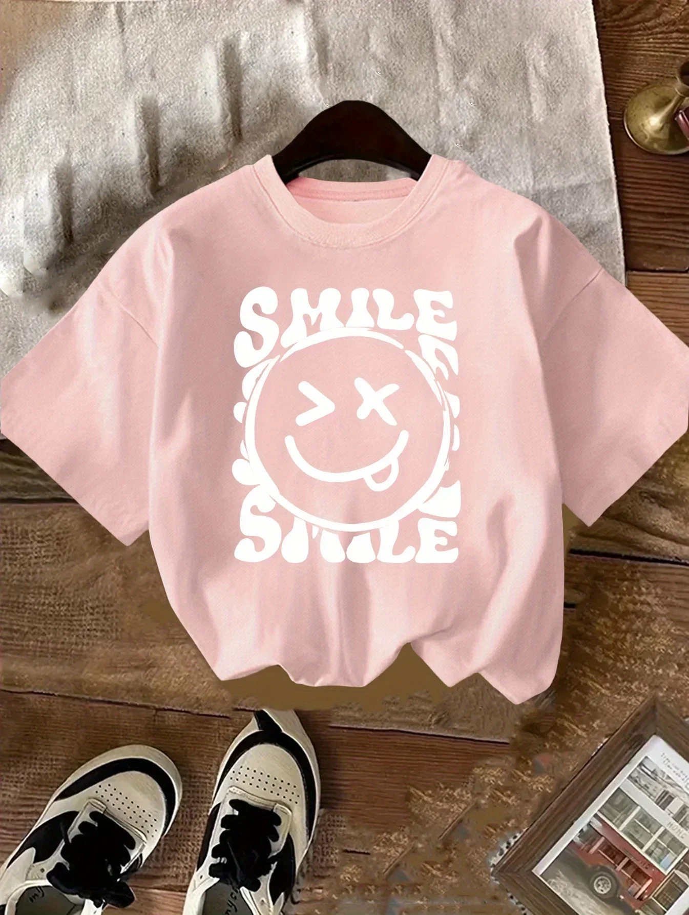 New 2026 Summer 100% Cotton Girls Round Neck T-Shirt, Cute Letter Smiley Print Breathable Casual Short Sleeve Tops
