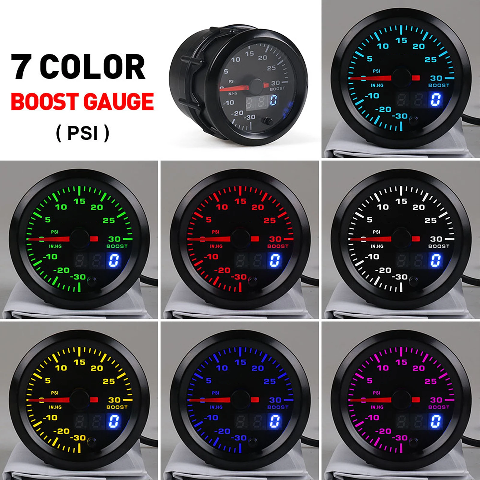 2in/52mm Universal 7 Colors LED Turbo Boost Meter PSI Pressure Gauge Digital Display Pointer