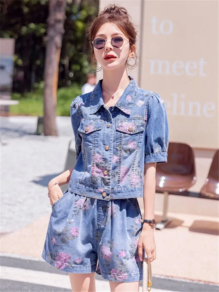 

Women New Korean Fashion Flowers Print Demin Suits 2024 Summer 2 Pieces Jeans Sets Female Short Sleeve Jean Coat + Short Pants