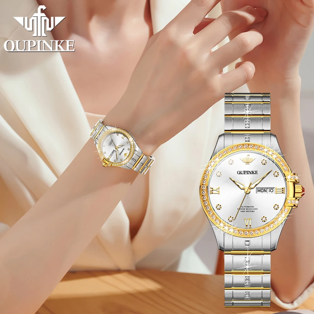 OUPINKE 3195 Women's Watches Luxury Brand Diamond Bezel Dual Calendar Automatic Mechanical Bracelet Wrist Watch Gifts for Woman