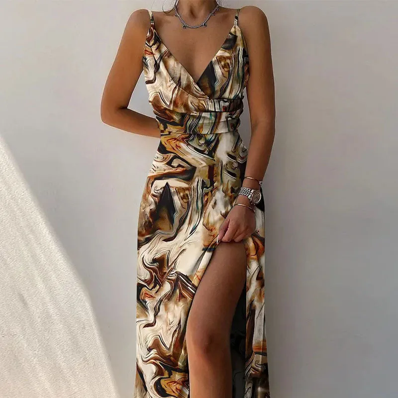 Sexy Deep V Neck Paghetti Strap High Waist Dress For Women Elegant Big Hem High Split Folds Long Dresses 2024 Summer New Lady - Image 2
