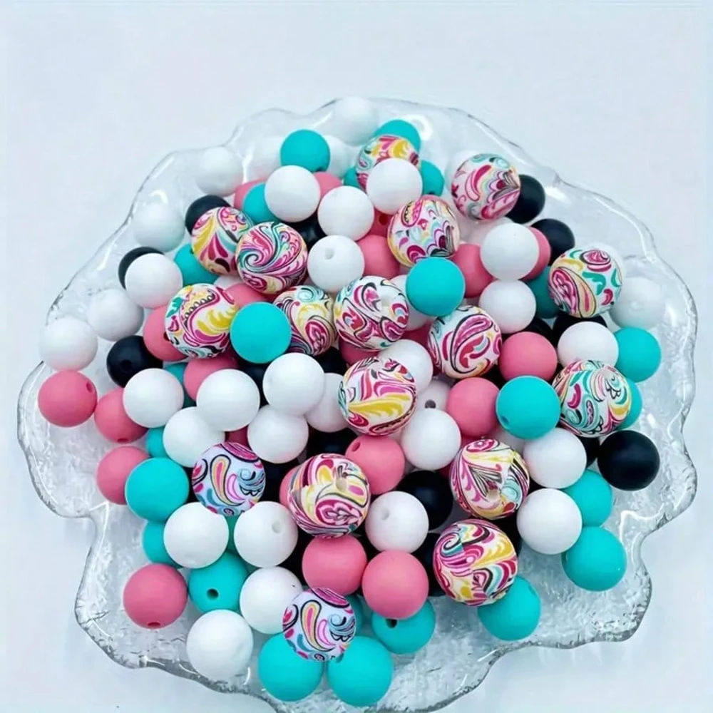 45PCS color printed silicone beads can be used for DIY craft jewelry making, keychains, bracelets, necklace decorations