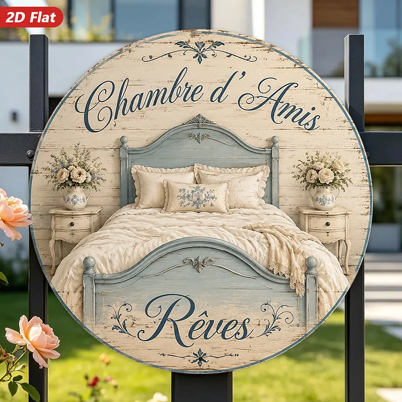 2D Flat, 1pc French Bedroom Charm Round Metal Sign Wall Art, Chambre D'Amis Text, Reves Script Accent, Blue Vintage Bed