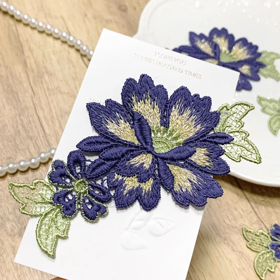 5Pcs/Lot 6*12cm Shiny Blue Gold Flower Hollow Gradient Sewing Motif Venise Lace Applique for Garment Embroidery Lace Patches