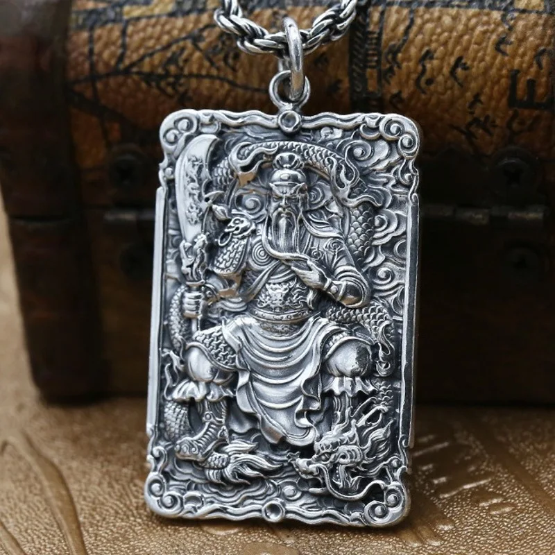 

Real Pure 999 Fine Silver Men Gift Lucky Best Retro Guan Yu Dragon Oblong Pendant 31g