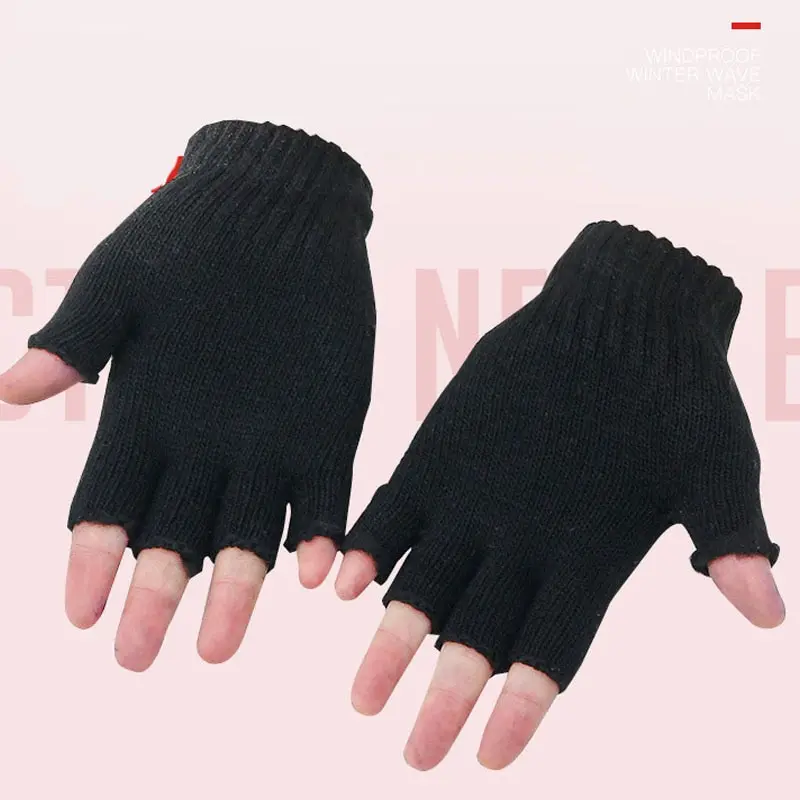Noir hiver chaud pur noir tricoté laine demi doigt gants chauds