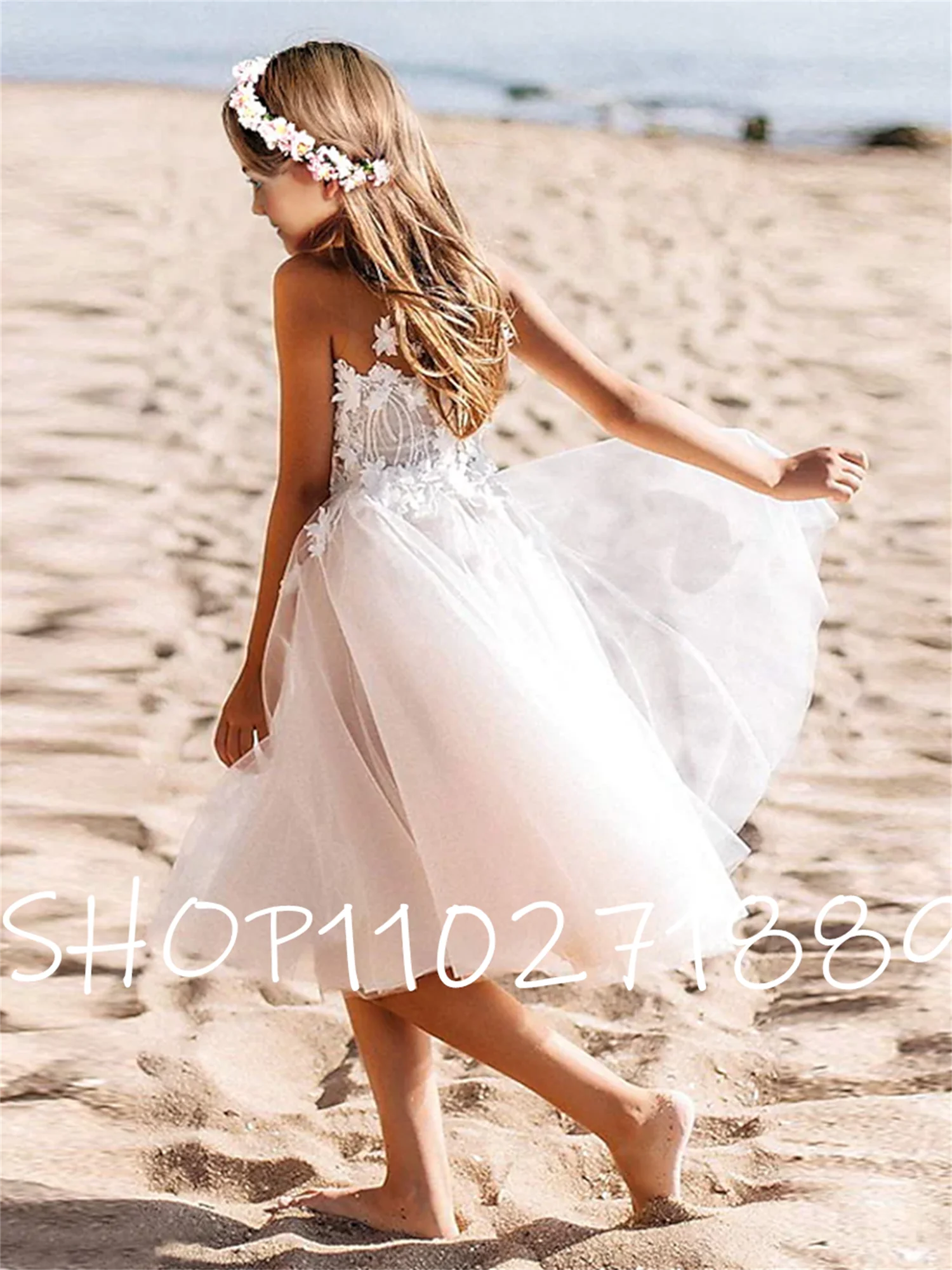 

Off The Shoulder Scoop White/Ivory Flower Girl Dresses For Wedding 2022 Elegant Tulle Lace Appliques Beach Party Dress With Kids