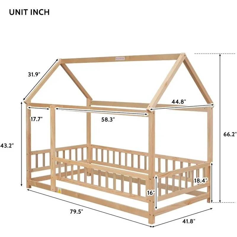 Twin size huisframe houten Montessori-vloerbed met hek voor kinderen, 70,5 cm L x 44,8 cm B x 66,2 cm H, natuurlijk