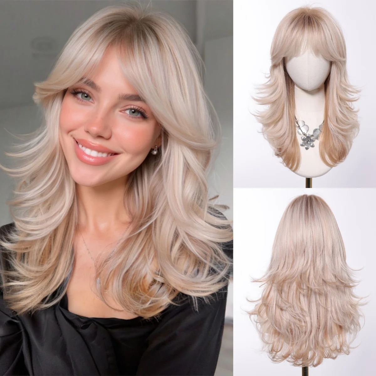

Длинный волнистый многослойный синтетический парик Блондинка Платиновый парик с омбре с челкой для женщин Ежедневное использование для вечеринок Натуральные волосы Термостойкое волокно