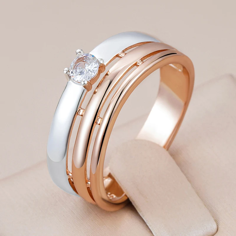 Kinel Fashion Natural Zircon Wide Ring for Women Unique 585 Rose Gold Silver Color Mix High Quality Daily Fine Jewelry Gift