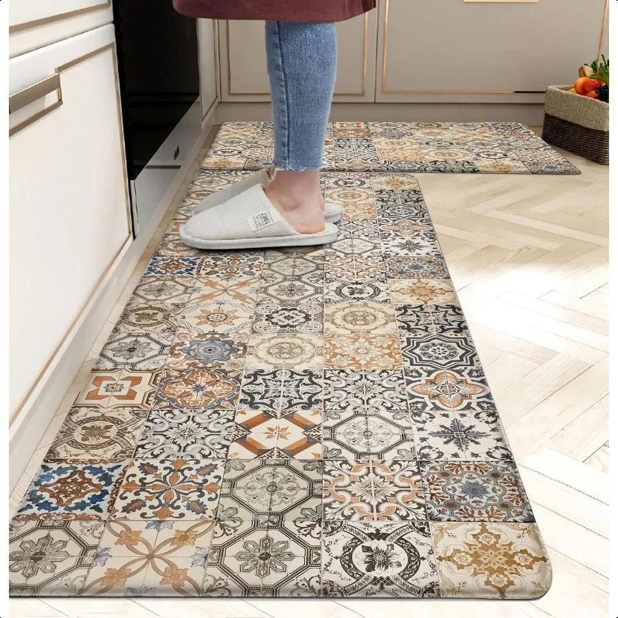 

Boho Kitchen Rugs Set 2 Memory Foam Colorful Ceramic Comfort Tile Floor Mat Anti Fatigue Noid PVC Runner Rug Water Oil Proof Ca