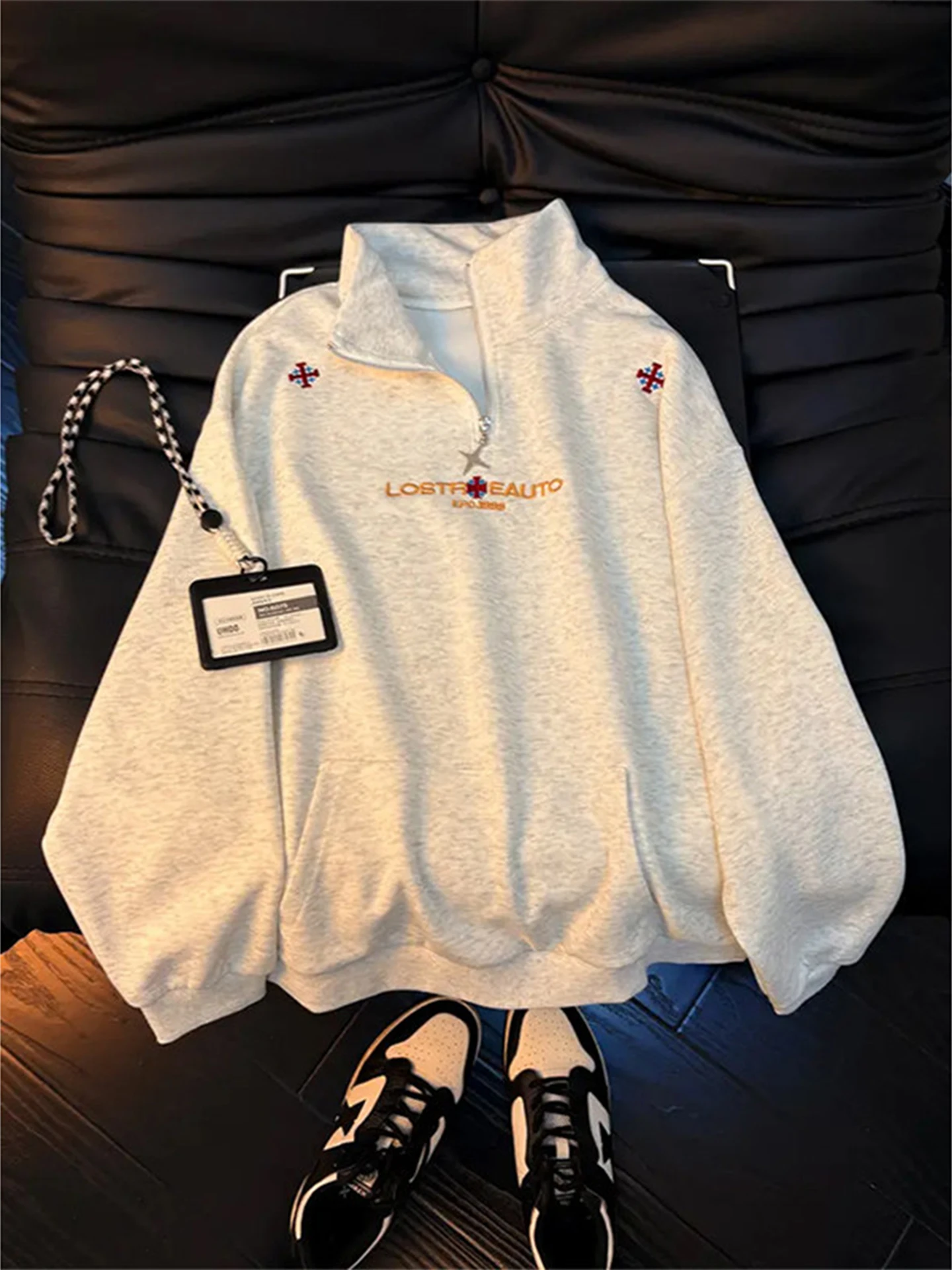 

ey Totem Embroidery f Zip Hoodie Men's Spring 2026 Design High-End American Sle Long Sve T-irt Cotton Polyester B...