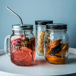 European-style Transparent Glass Cold Drink with Lid Straw Sealed Jar Juice Milkshake Drink Handle Water Cup Dessert Glass Cup