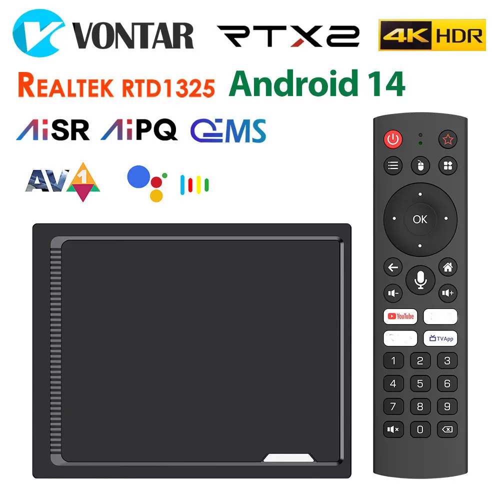 RT-X2 안드로이드 14 TV 박스 4GB 32GB 64GB Realtek1325 지원 AI-PQ AI-SR 1000M 2T2R Wifi5 BT 미디어 플레이어 셋톱 박스