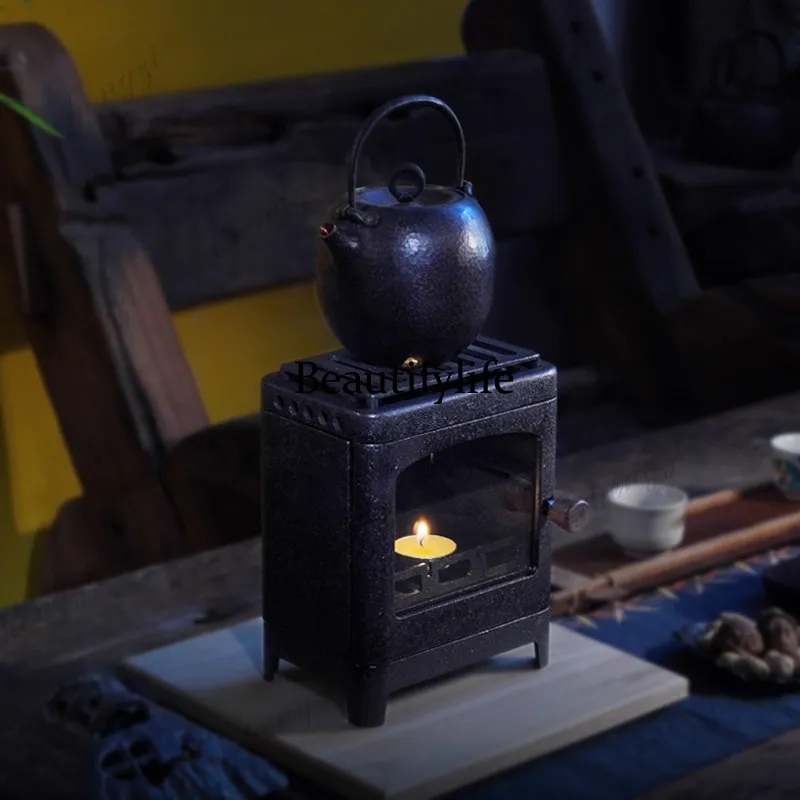 Tabletop view stove miniature, charcoal stove, warm tea, outdoor tea making, small firewood, barbecue stove