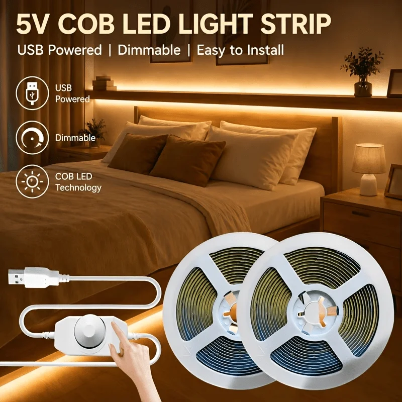 8MM Usb-Powered COB LED Light Strips, Adjustable Lighting Indoor Wire-Free Self-Adhesive Lighting Strip with Knob Control