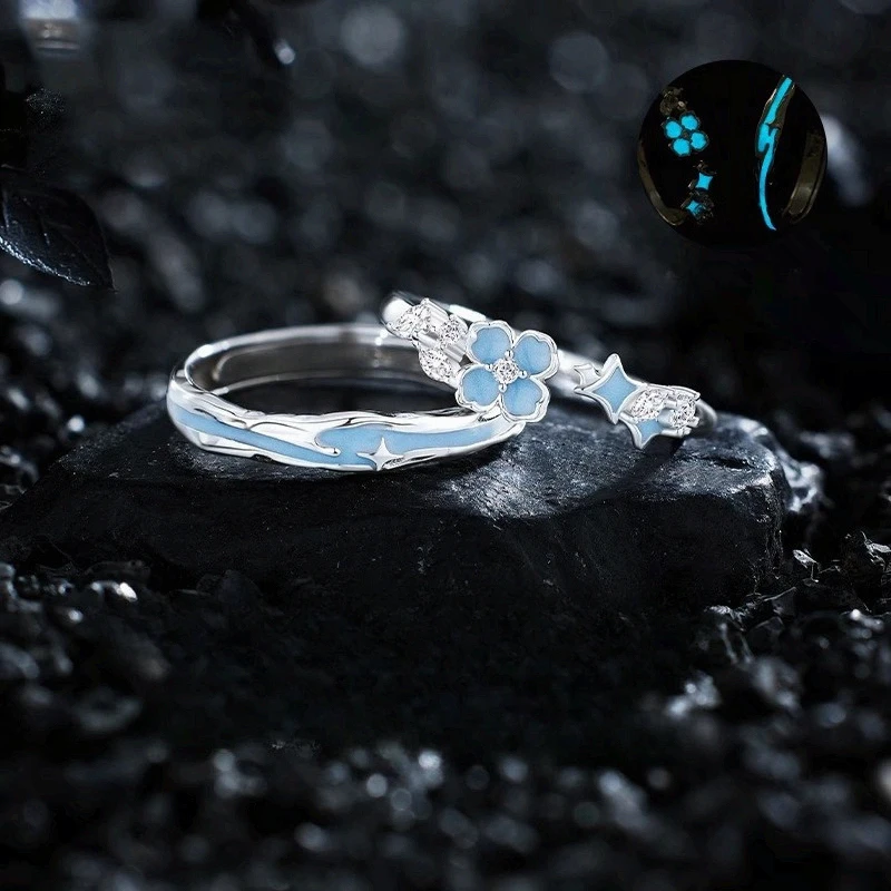 1 Pair Niche Gift for Boyfriend Girlfriend Glow-In-Dark Clover Open Rings Resin Enamel Couple Daily Wear for Men Women