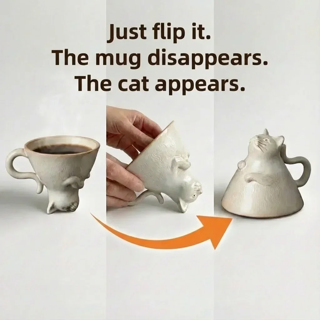 Angelodini Ceramic Cat Mug Sculpture Flip Design Desk Decor, Reversible Cat Figurine Coffee Mug for Home Office Table Display