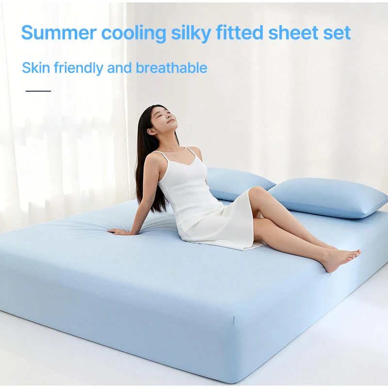 Cool Touch Ice Silk Fitted Sheet Summer Cooling Mattress Protector Cover Non-slip Bed Sheet For Hot Sleepers & Night Sweats
