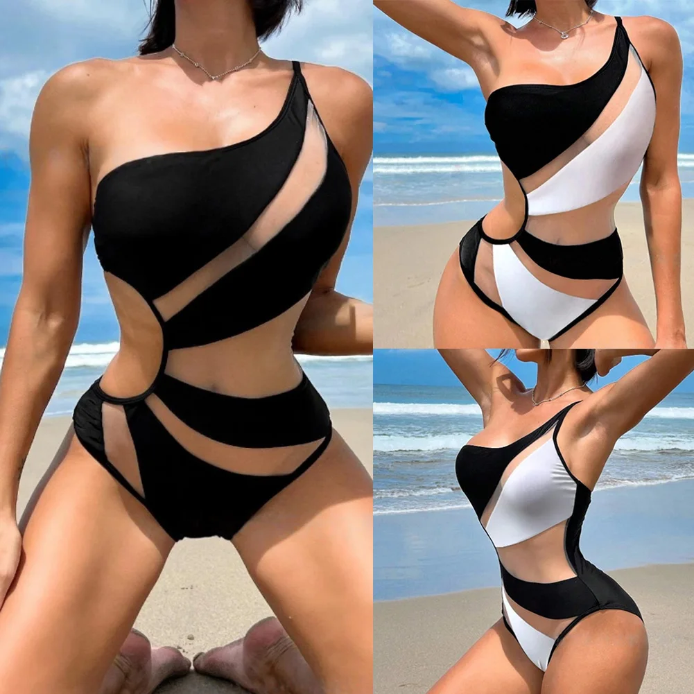 

Women's Sexy Bikini Swimwear Bathing Suit One-shoulder Mesh Hollow Out Spliced One-piece Swimsuit Women Swimwear