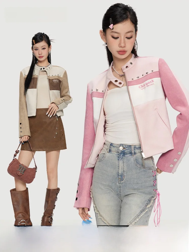 

Chic Park Street Sle Байкерская куртка женская ор Верхняя одежда цветная замшевая ткань Dopane розовое облегающее мотоциклетное пальто