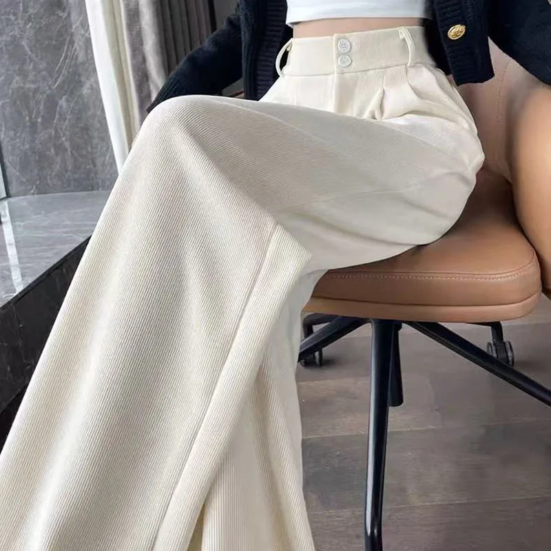 Vintage Corduroy Suit Pants Women Winter Thick Warm Office Lady Wide Leg Pants Y2K High Waist All Match Straight Trousers New