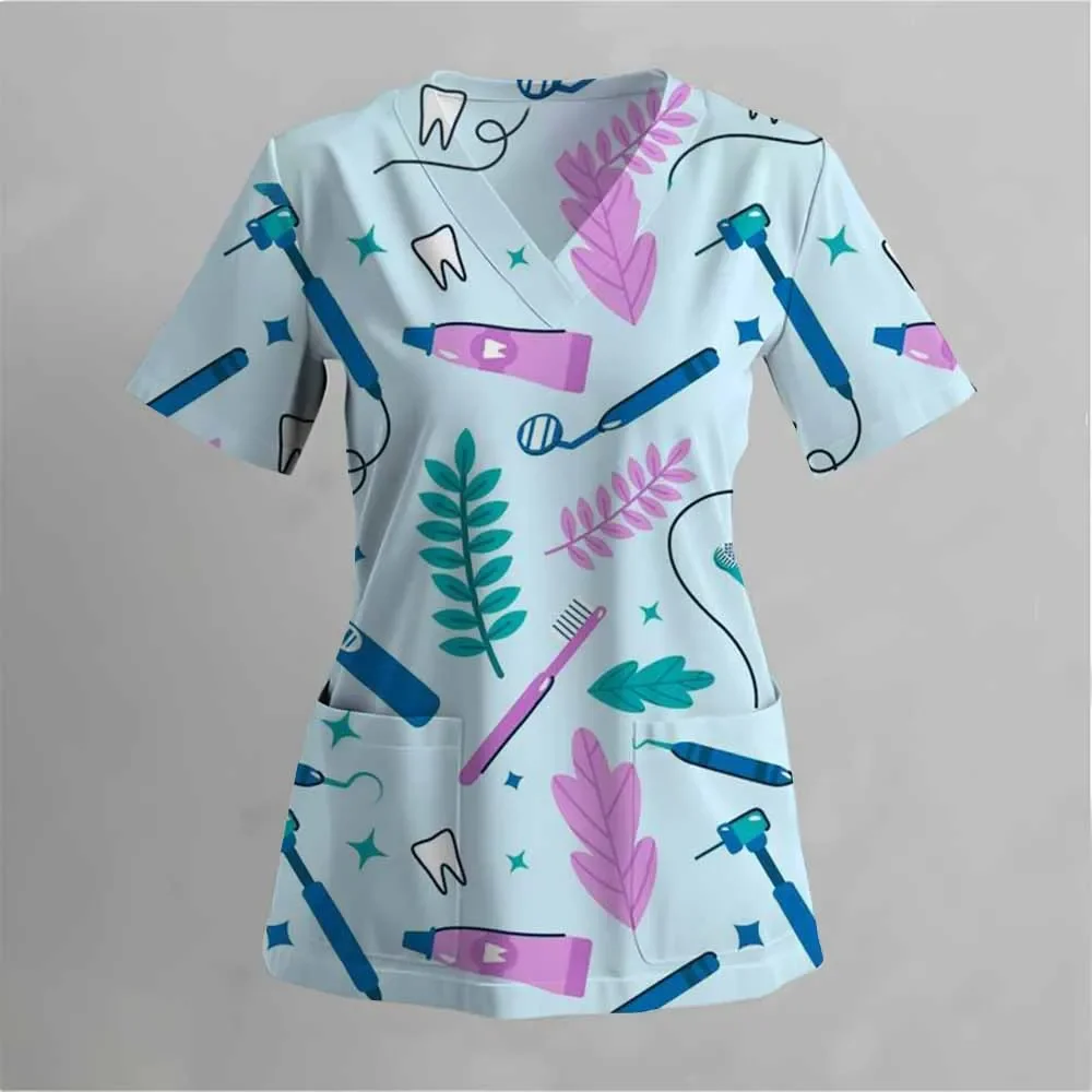 ملابس عمل للعناية بالحيوانات الأليفة مطبوعة برسوم كارتونية، بلوزة نسائية بأكمام قصيرة ورقبة على شكل حرف V، قميص جراحي للسيدات، تي شيرت طبي للممرضة