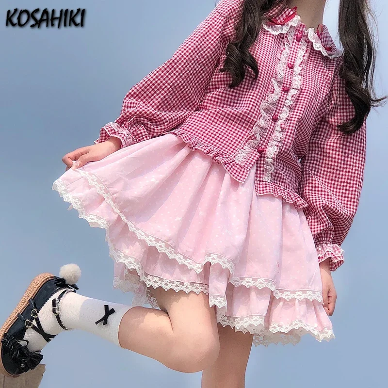 KOSAHIKI Sweet Lolita Blouses Gothic Women Kawaii Bow Lace Ruffles Long Sleeve Plaid JK Shirts Harajuku Y2K Cute Blusas Mujer