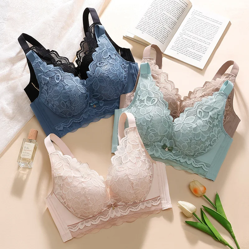 Comfortable Breathable Rims-Free Bra Gathered Anti-Drooping Adjustable Underwear Woman Flower Lace Fashion Vitality Vest Bra