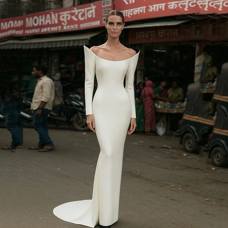 

Eightree White Long Mermaid Wedding Dresses Women Long Sleeve Scoop Neck Satin Bridal Dress Simple Wedding Prom Gowns Customized