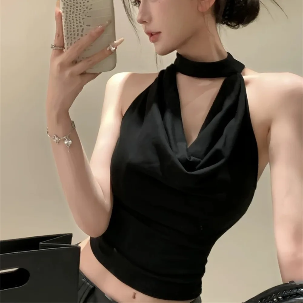 Pure Desire Gothic Halter Neck Vest Women's Sexy Draped Collar Tank Top Solid Color Slim Fit Casual Streetwear Club Wear