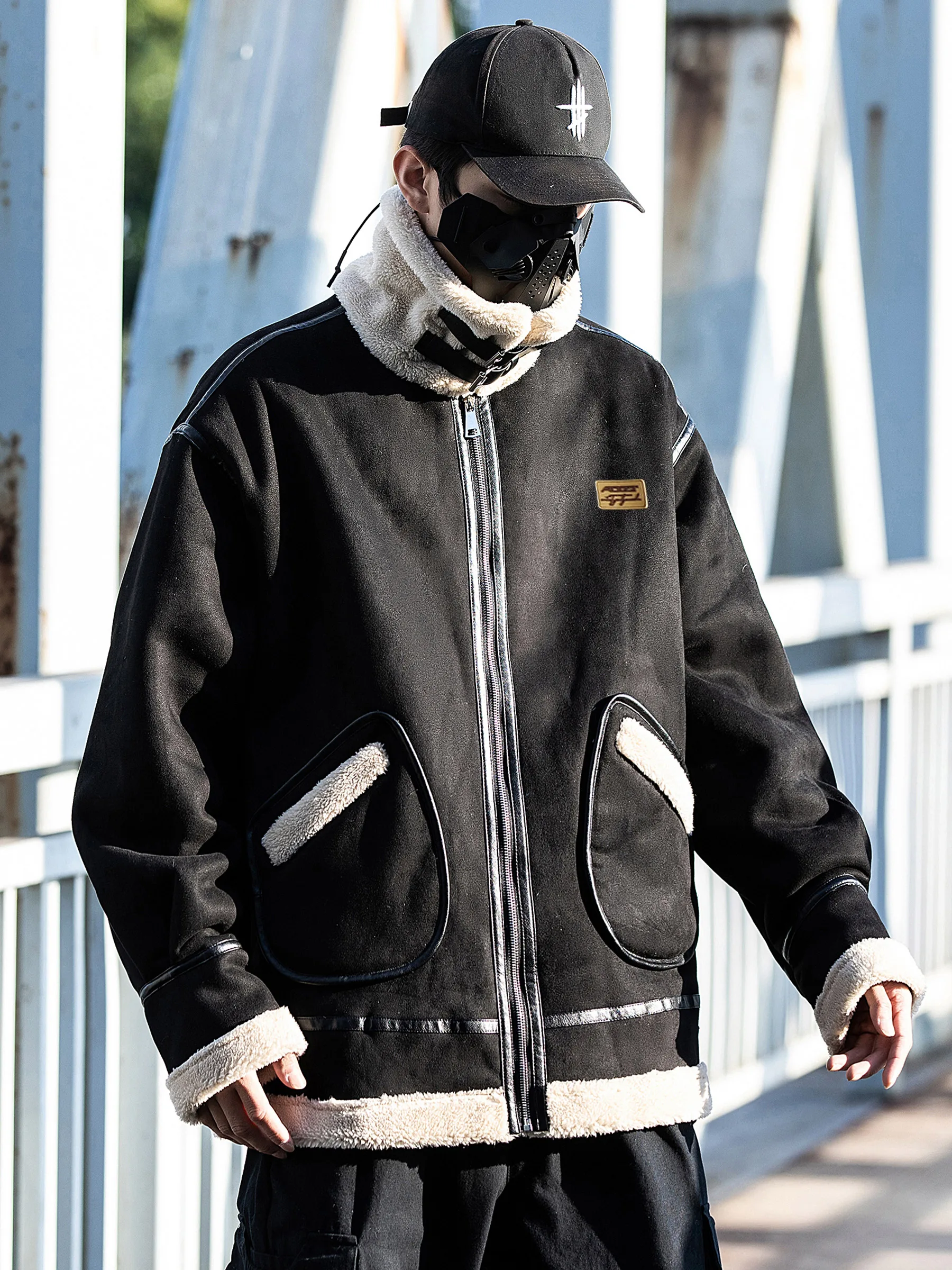 AOGZ Men's Biker Style Thickened Fleece Lined Cotton Jacket Couple Outerwear Loose Fit Long Sleeve Zipper Closure Warm Coat