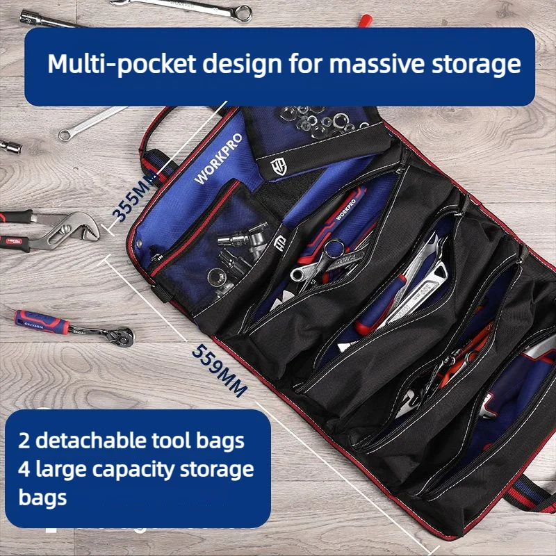 Workpro Heavy-Duty Roll-Up Tool Bag-Oxford Fabric Multi-Tool Organizer All-in-One Garage Detachable Storage Bag for Electricians