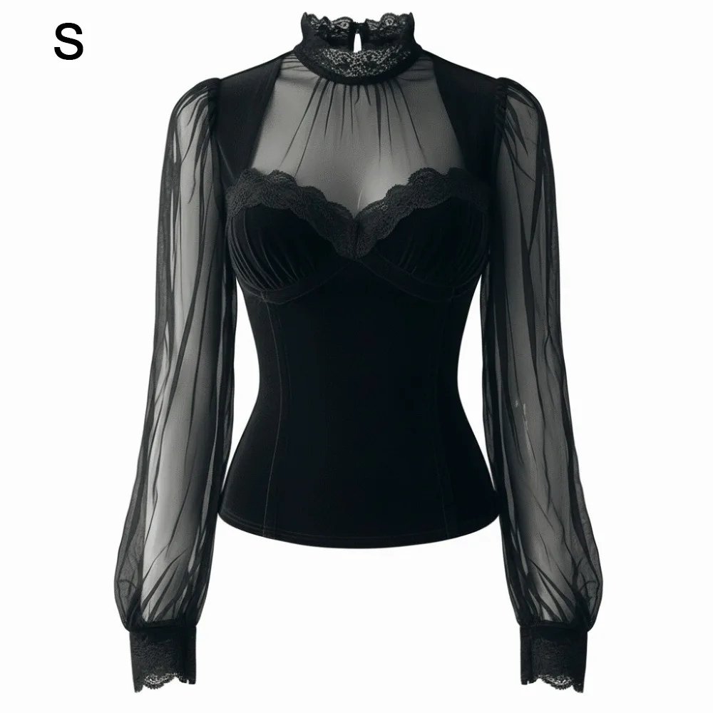 

High Neck Mesh Blouse See Through Lace Patchwork Velvet Corset Top Slimming Design Long Sleeve French Style Shirts Punk Style