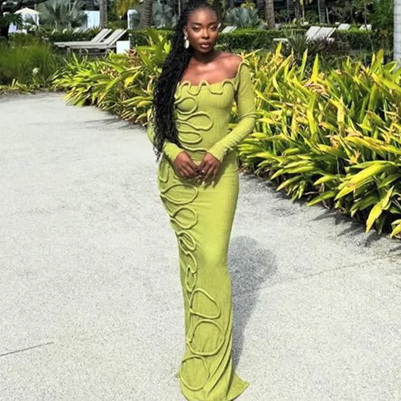2023 neue Design Frauen Kleid Langarm Quadrat Kragen Personalisierte Twisted Seil Langes Kleid Urlaub Party Kleid