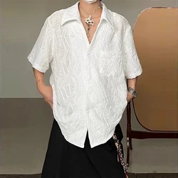 Men Clothing Trendy Streetwear Y2K Oversized Textured Design Shirt Summer Youth Male Casual Black White Lapel Short Sleeve Tops