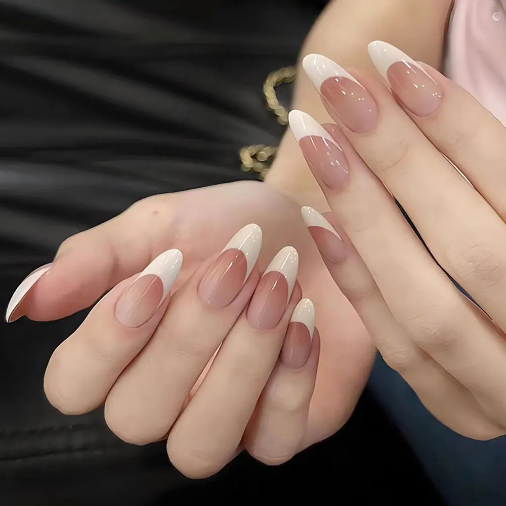 120pcs Pink Medium Almond French False Nails Gradient Design White French Press On Nails Full Cover Acrylic Gel Fake Nails Tips#