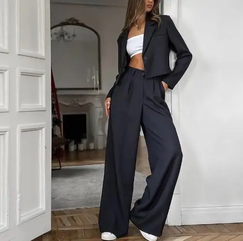 

2025 Solid Color Collar Short Suit Jacket and High Waist Wide Leg Pants Set for Autumn Women's Elegant Commuting 2-Piece Set