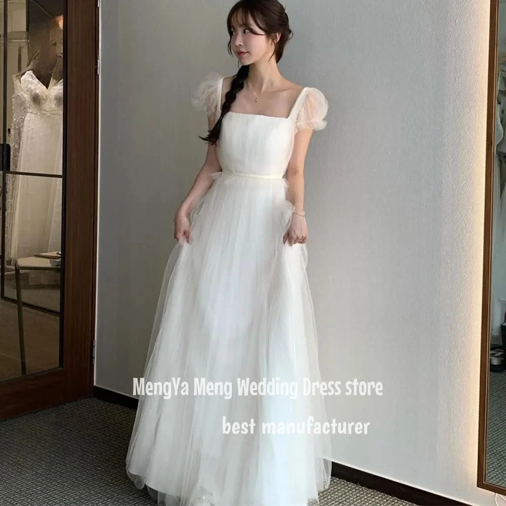 ZHUISHU Simple Square Collar A Line Tulle Wedding Dresses Korea Photoshoot Short Sleeves Floor Length Bridal Gowns Customised