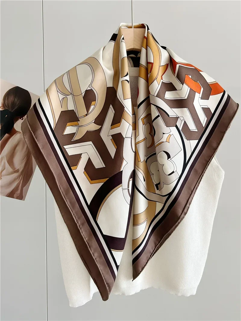 🎀 90cm Mulberry Silk Scarf with Letter Print - Twill Bandanas, Manual Designer Creation, Graceful Neck Sha