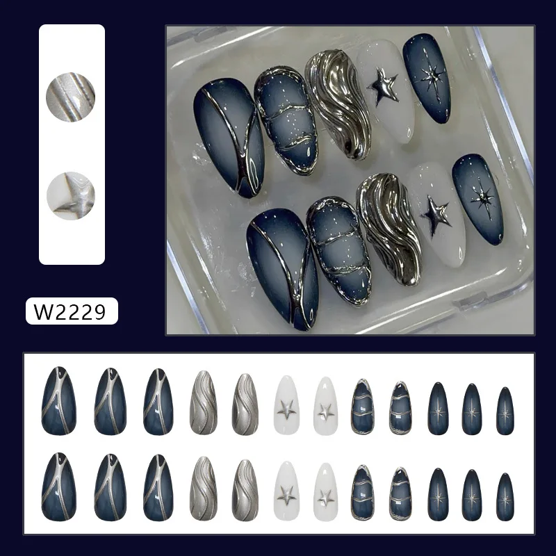 24PCS Sweet Cool Blue Almond False Nails Metallic Silver Star Ripples Pattern French Press on Nails Full Cover Acrylic Nail Tips